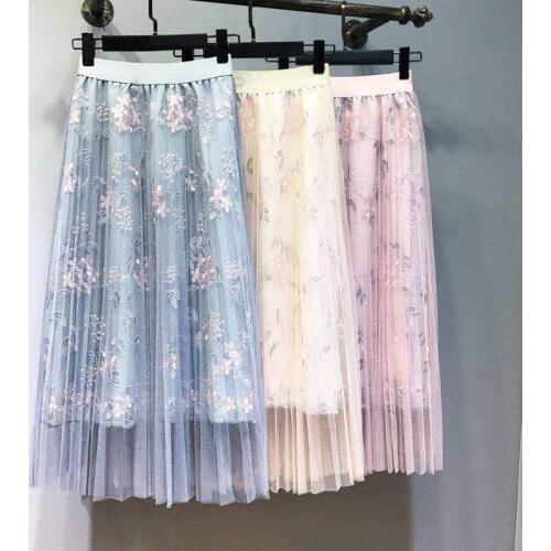 Floral Embroidery A-line Tutu Stitching Lace Mesh Skirt Women Elegant Tulle Long Pleated Skirt Women Midi Skirt Summer Hot Sale