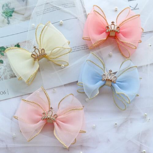 Childrens Hair Accessories Candy Color Mesh Hair Bows with Prong Clip Diamond Crown Princess Hairpins Headdress