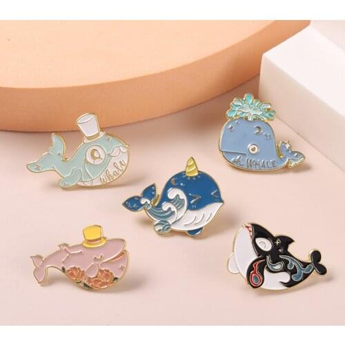 Whale Enamel Pins Sea Life Brooches Flower Ocean Wave Cartoon Anime Bag Hat Lapel Pin Badge Gift For Girl Boys Jewelry Wholesale