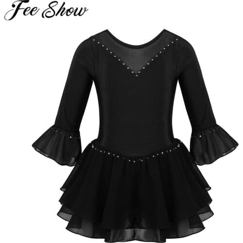 FEESHOW Kids Toddler Girls Dresses Clothes Flare Sleeves Mesh Splice Rhinestone Figure Ice Skating Ballet Dance Leotard Dress