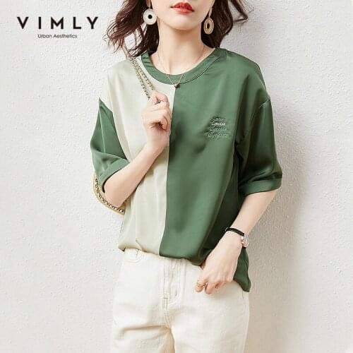 VIMLY Summer Womens Tshirts Fashion New Round Neck Half Sleeve Tops Casual Splice Loose T-shirts Harajuku Clothes Female F6639