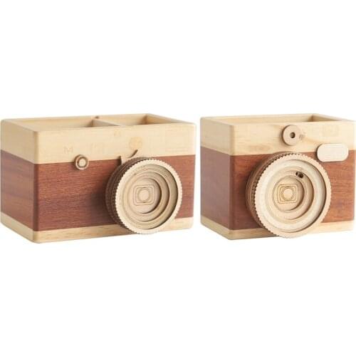 Creative Wooden Camera Pen Holder Student Desktop Decoration Camera Makeup Brush Office Desk Storage Box