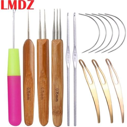 LMDZ 14PCS 0.75MM Bamboo Needle Holder Curve Needle Dreadlocks Hair Extension Crochet Hook Tools for Wig Dreadlock Braiding Hair