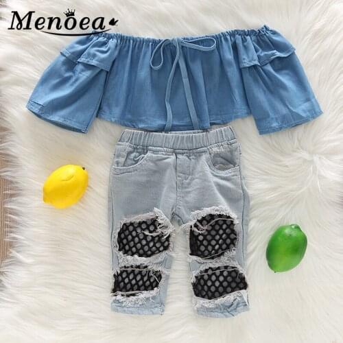 Menoea 1-5Y Baby Girls Clothes Sets Summer Fashion Tops and Fishnet Ripped Denim Pant Jeans Girl Kids Clothes Children Clothing