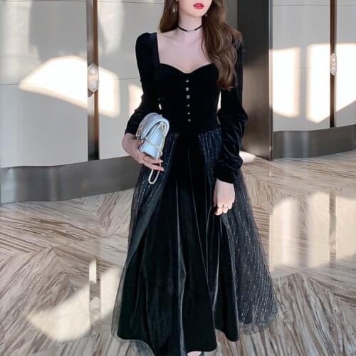 New arrival fashion korean party night club dress women OL temperament waist mesh patchwork velvet black slim a-line dress