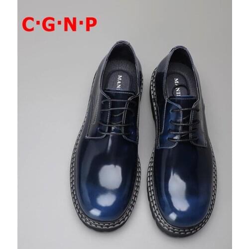 C·G·N·P New Fashion Blue Patent Leather Shoes Men Lace-up Dress Shoes British Style Round Toe Thick Sole Casual Shoes