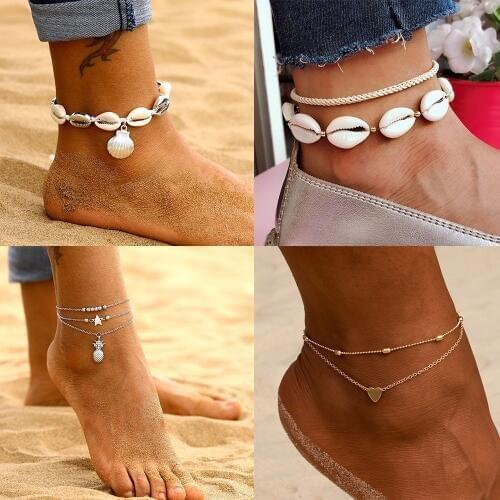IPARAM Hot Fashion Pineapple Shell Heart Anklet Bohemian Retro Beach Gold Silver Color Multilayer Anklet Jewelry Wholesale