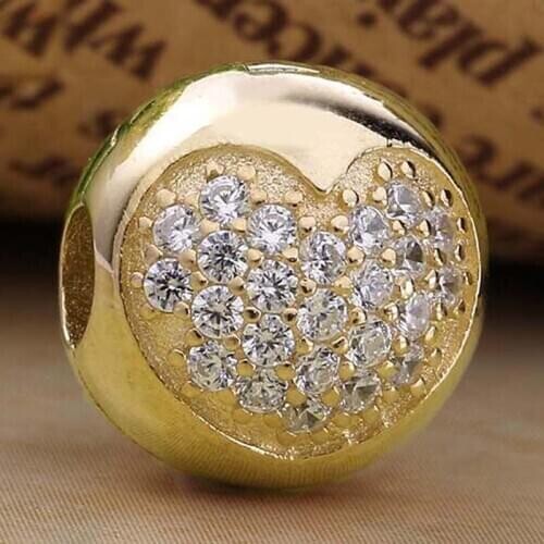 Original Gold Color Pave Crystal Love Heart Clip Lock Stopper Beads Fit 925 Sterling Silver Charm Bracelet DIY Jewelry