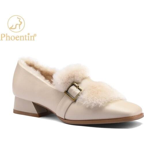 Phoentin 2020 Winter Warm Soft Square Toe Elegant Office Boat Shoes Woman Cow Leather Loafers with Wool Mid Heels Pumps FT1259