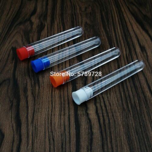 10PCS 13*78mm School Supplies Lab Equipments Clear Plastic Test Tube, Round Bottom Tube with plastic color stopper push cap