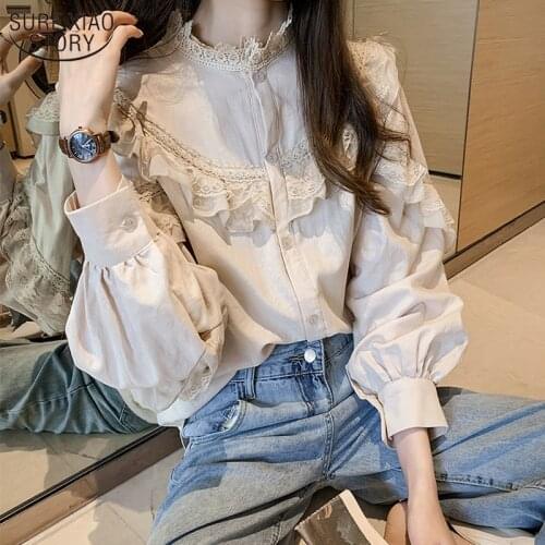 Women Shirt Retro Spring Puff Sleeve Sweet Lace Round Collar Loose Shirt Long Sleeve Womans Blouses Button Cardigan 10097