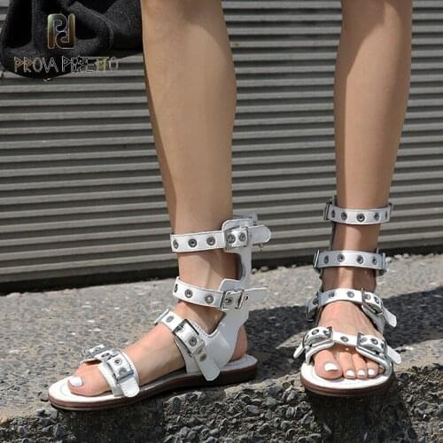 Summer new style leather flat Roman sandals brown and white all-match personality rivet open toe casual sandals