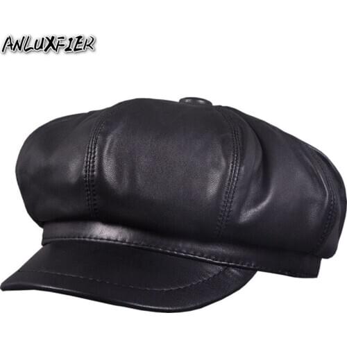 R009 Adult Real Leather Painter Hat Sheep Leather Fashion Outdoor Leisure Cap Unisex Fashion Hats