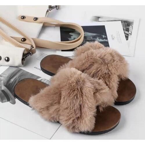 Womens Summer Slippers Open Toe Cross Strap Plush Flat Slippers For Fashionable Anti slip Slippers Four Seasons Slippers