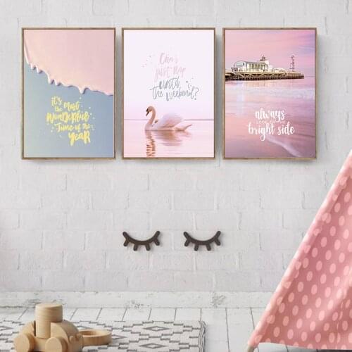 Fresh Pink Swan Nordic Seaview Poster Canvas Wall Art Prints Painting Home Decorative Pictures for Living Room Bedroom