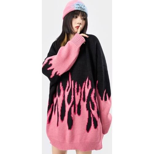 Flame Knitted Sweater Men Women Hip Hop Red Blue Flame Pullovers Sweaters Winter Harajuku Printed Pullovers Oversized Sweaters