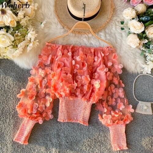 Woherb Sexy Off Shoulder Chiffon Blouse 3D Flower Puff Sleeve Women Sweet Shirt 2020 Korean See Through Mesh Top Chiffon Blusas