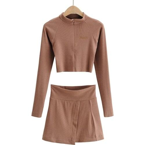 2021 Spring New Slim Short Zipper Long Sleeve T-shirt Women+Ribbed Skirt Casual Suit Female 2 piece set women
