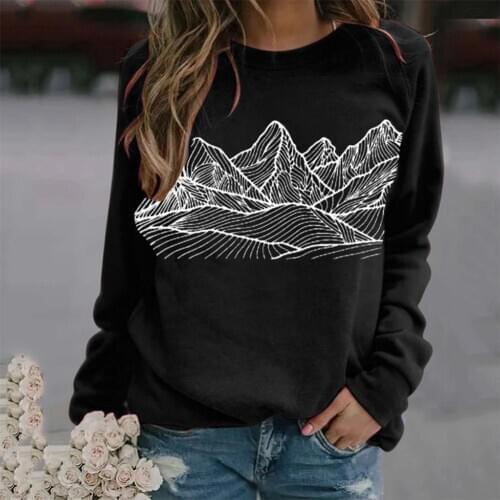 Women Casual Sweatshirt Crew Neck Long Sleeve Graphic Mountain Printed Blouse Sweatshirt Plus Size 3XL Warm Clothes For Female