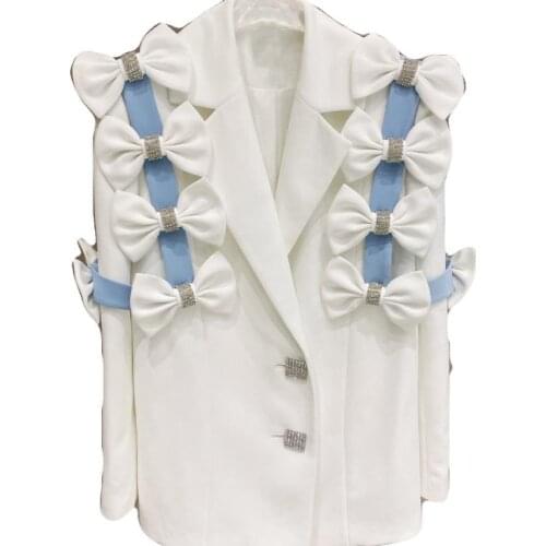 2021 New Fashion Women Diamond-Studded Bowknot Suits Patchwork White Short Blazer Female Chic Korean Style Outerwear Coats Y1390