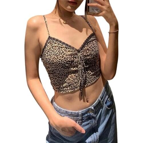 Women Casual Fashion Pullover Tunic Spring Summer Bodycon Camisole Sexy Leopard Printed Pattern Lace V-Neck Sleeveless Crop Tops