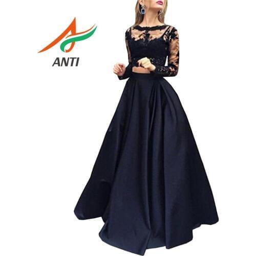 ANTI robe de soiree for Women 2 Pieces Black Lace Satin A-Line Long Evening Dresses 2019 Dubai Arabic Evening Gowns abendkleider