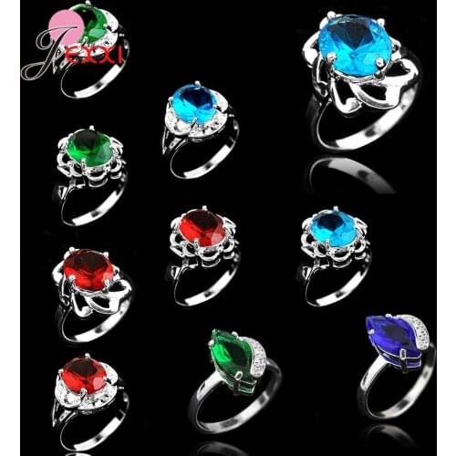 Hot Sale Women 925 Sterling Silver Mixed Size Red Green Blue Color Wedding Party Finger Rings Jewelry 10pcs/lot Cheap Sale