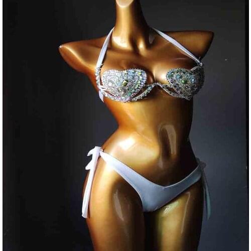 3 Bright Color Heart Bikini Set Women Diamante Carnival Bra Rhinestone Sexy Night Club Panties Festival Wear Burning Man Outfit