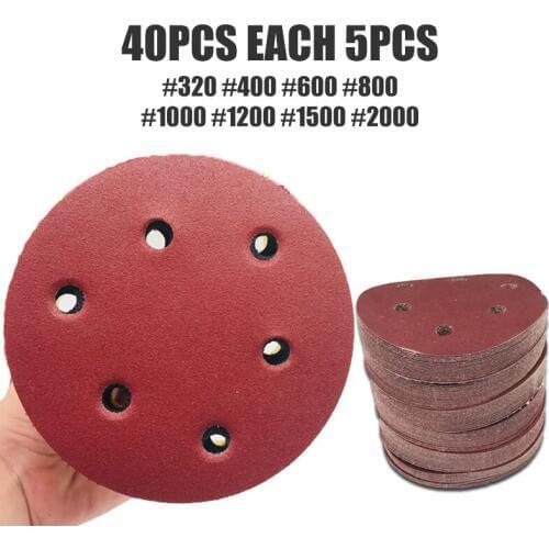 40pcs 125mm 6 Hole Sander Disc Sanding Polishing Paper Sandpaper Disc 320/400/600/800/1000/1200/1500/2000