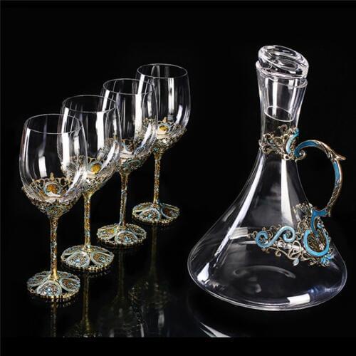 5pcs Wine Set 1500ml Decanter 350ml Red Wine Glass Alloy European Crystal Glass Decanter Goblet Set for Home Dinner Party Gift