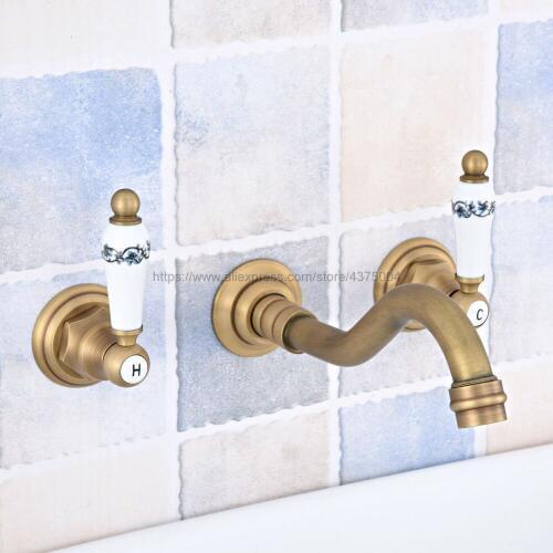 Antique Brass Double Handles Bathroom Faucet Wall Mounted Basin Tap Bathtub Water Mixer Tap Nsf531