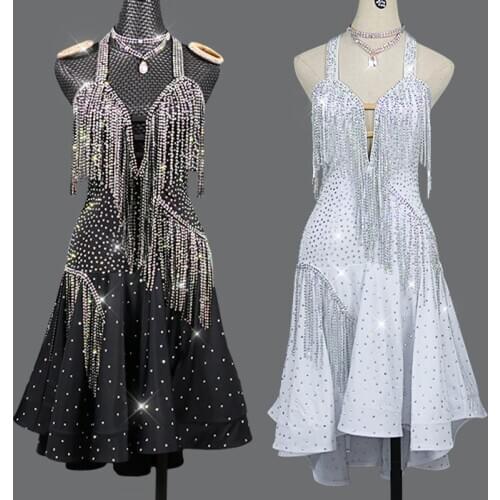 Shining Latin Dance Dress Women Black/White Crystal Fringed Dress Latin Competition Clothes Samba Salsa Stage Costume BL5343