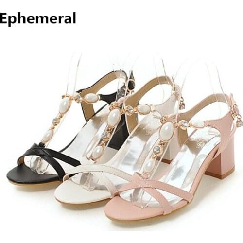 Ladys Square Heel Lovely Sandals High Heel Open Toe Back Strap Sandalias Co Tacon Alto T-Strap Beading Summer Shoes For Dress 9