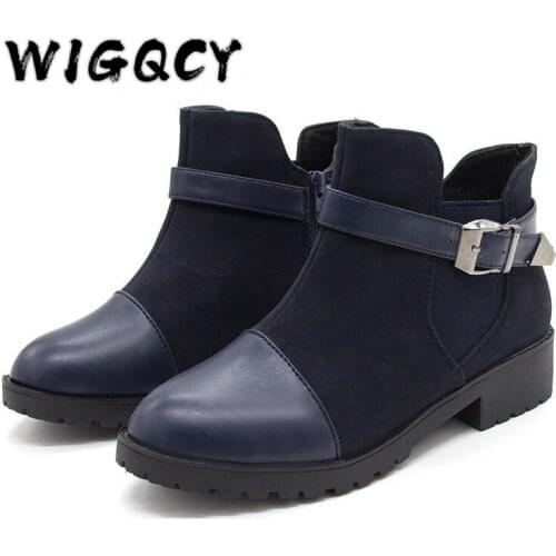 Pu Leather Boots Women Warm Winter Buckle Strap Short Boots Shoes Non-Slip Suede Elastic Band Square Heel Zipper Ankle Boots