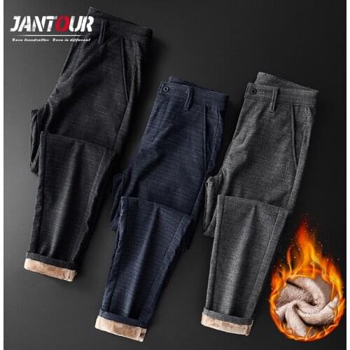 Brand Mens winter Fleece Fluff Thicken warm Casual Pants men Business Straight Elastic Thick Plaid cotton Black trousers male
