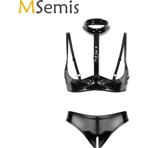 MSemis Women Sexy Leather Lingerie Porno Femme Sexy Halter Neck Open Cups Half Cup Shelf Bra Top Crotchless Underwear Panties