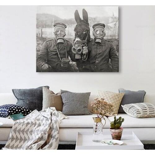 World War I Black White Photo Poster Prints A Donkey and Two German Soldiers Antique Photography Wall Art Canvas Painting Decor