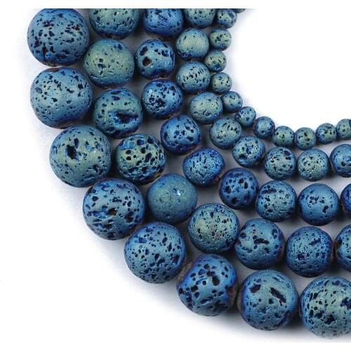 HGKLBB Natural Green Plating Lava Stone 4/6/8/10/12mm Volcanic Round Loose Beads for Jewelry Making DIY Bracelet Necklace 15"