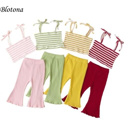 Blotona Toddler Baby Stripe Printing 2Pcs Summer Set, Infant Girls Square Collar Sleeveless Sling Tops + Elastic Long Pants Set