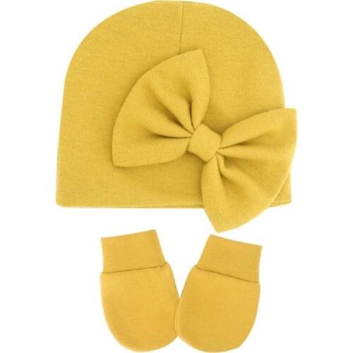 XXFE Newborn Beanie Hat Gloves Set Baby Bow Mittens Kit Infants Warm Cotton Glove