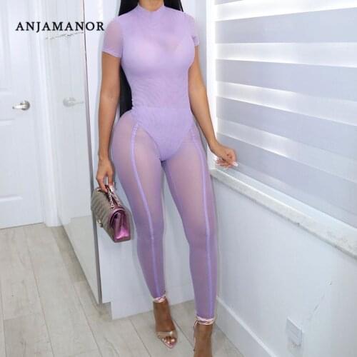 ANJAMANOR Sexy Sheer Mesh Two Piece Pants Set for Ladies Club Outfits Leggings Bodysuits Womens Matching Sets Jumpsuit D85-BH14