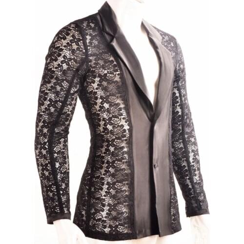 Latin dance lace openwork cardigan Mens Long sleeve shirt lapel transparent Latin MS15003