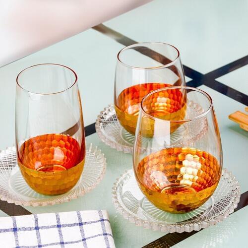 Whiskey Cup Tea Mug Tazas Glass Caneca Cup Transparent Golden Bottom Glass Crystal Cup Travel Mug Big Round Mouth Cup Set 1pcs