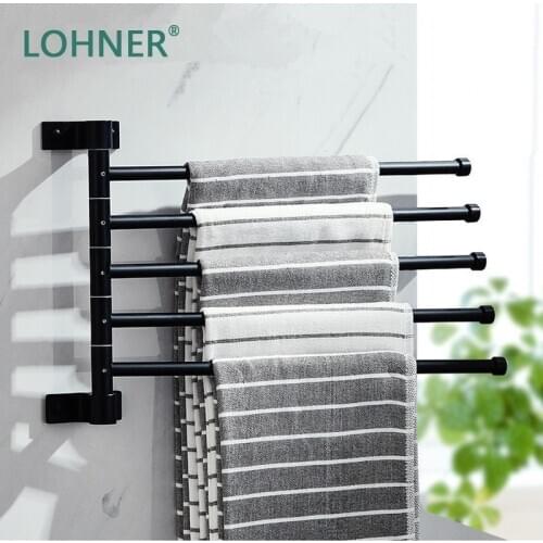 Lohner Wholesale Alumimum Rotary Towel Bar Movable Rack Hole-Free Bathroom Shelves Folding Shower Shelf Badkamer Accessoires