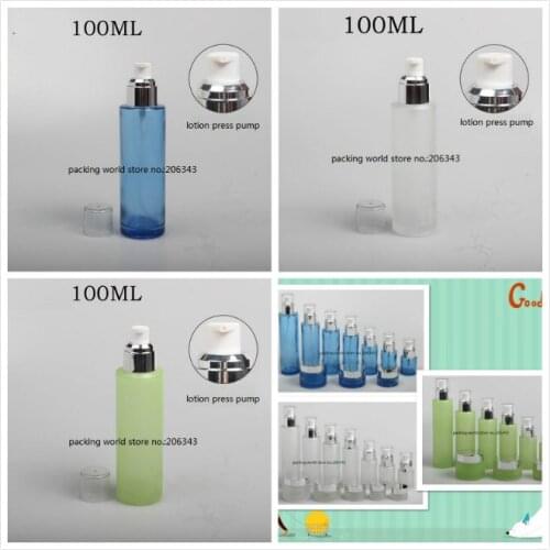 100ml frosted/green/blue glass bottle silver pump clear lid for serum/lotion/emulsion/foundation skin care cosmetic packing