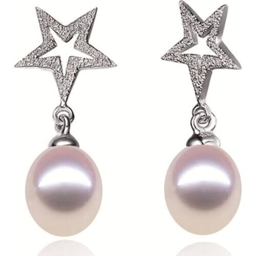 Fashion celebrit Pearl Earrings Real Natural Freshwater Pearl 925 Sterling Silver Star Pearl Dangle Earrings Jewelry For Woman