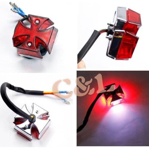 Motorcycle Red Lens Mini Universal Chrome Maltese Cross LED Tail Brake Rear Light