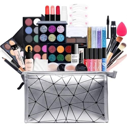 Makeup Set Eye Shadow Glitter Powder Liquid Foundation Eyeliner Makeup Primer Lip Gloss All In One Cosmetic Bag for Girl Gift