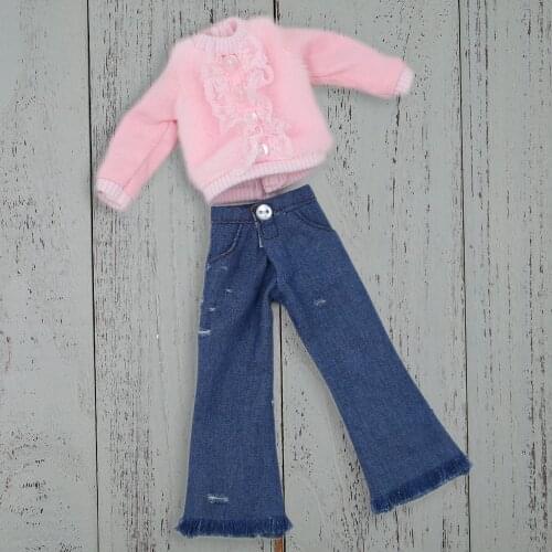 Outfits for ICY DBS Blyth doll Pink fur clothes with Blue flared jeans suit for 1/6 BJD Azone S Ob4 Anime Girl