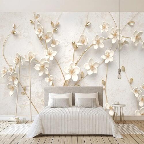 Custom Mural Beautiful White Plum Flower Golden 3D Stereo Embossed Floral Wall Painting Bedroom Living Room Background Wallpaper